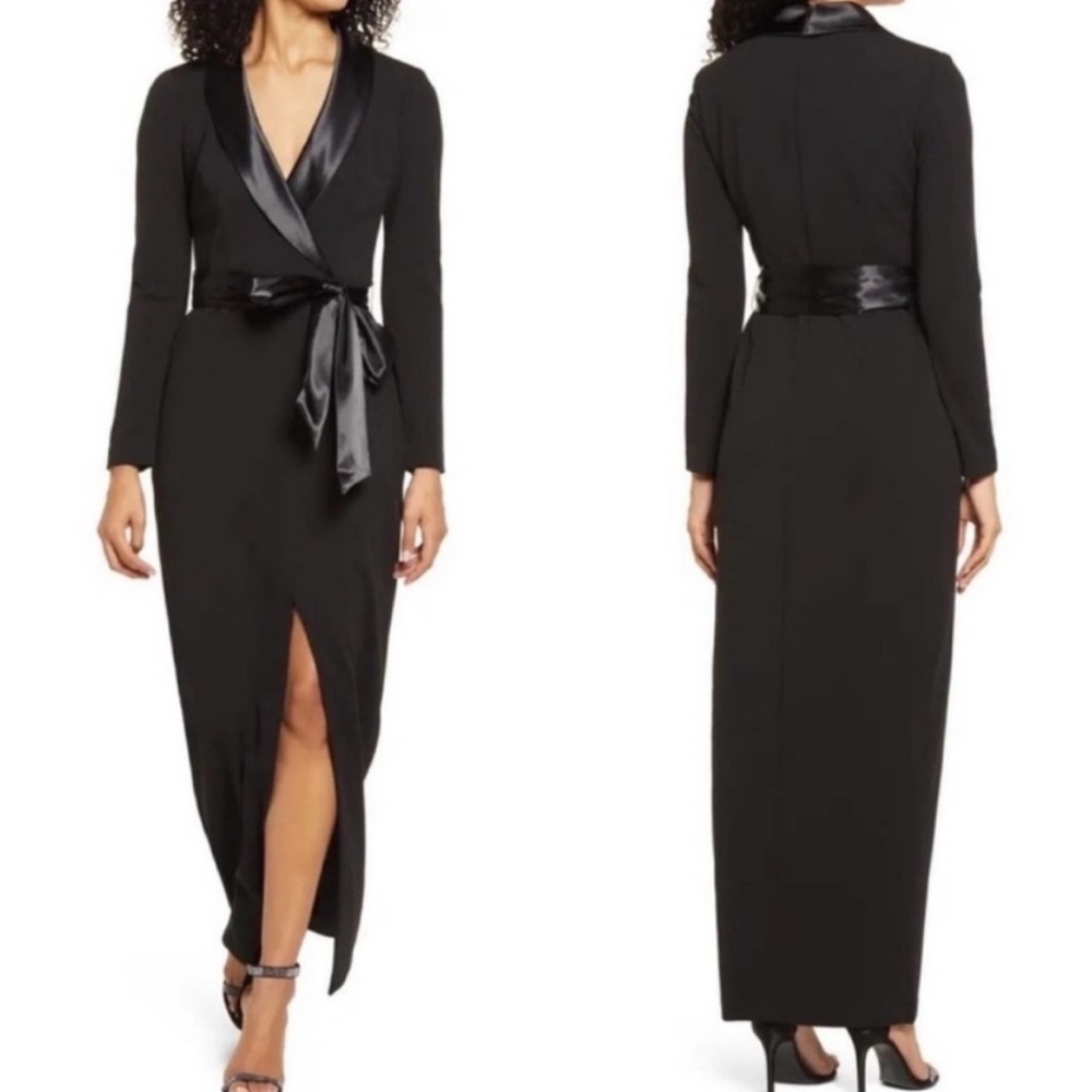 NEW! ELIZA J Long Sleeve Black Satin Collar Tuxedo
Gown, SIZE 6 0870